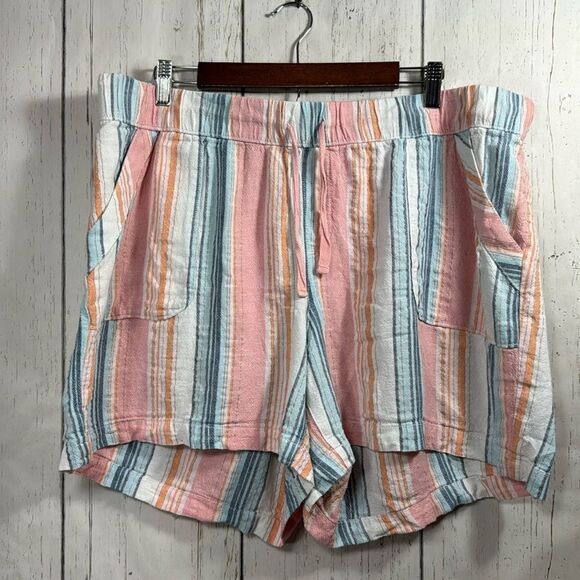 Lane Bryant Pink Blue Striped Linen Blend High Rise Drawstring Summer Shorts - Picture 1 of 13